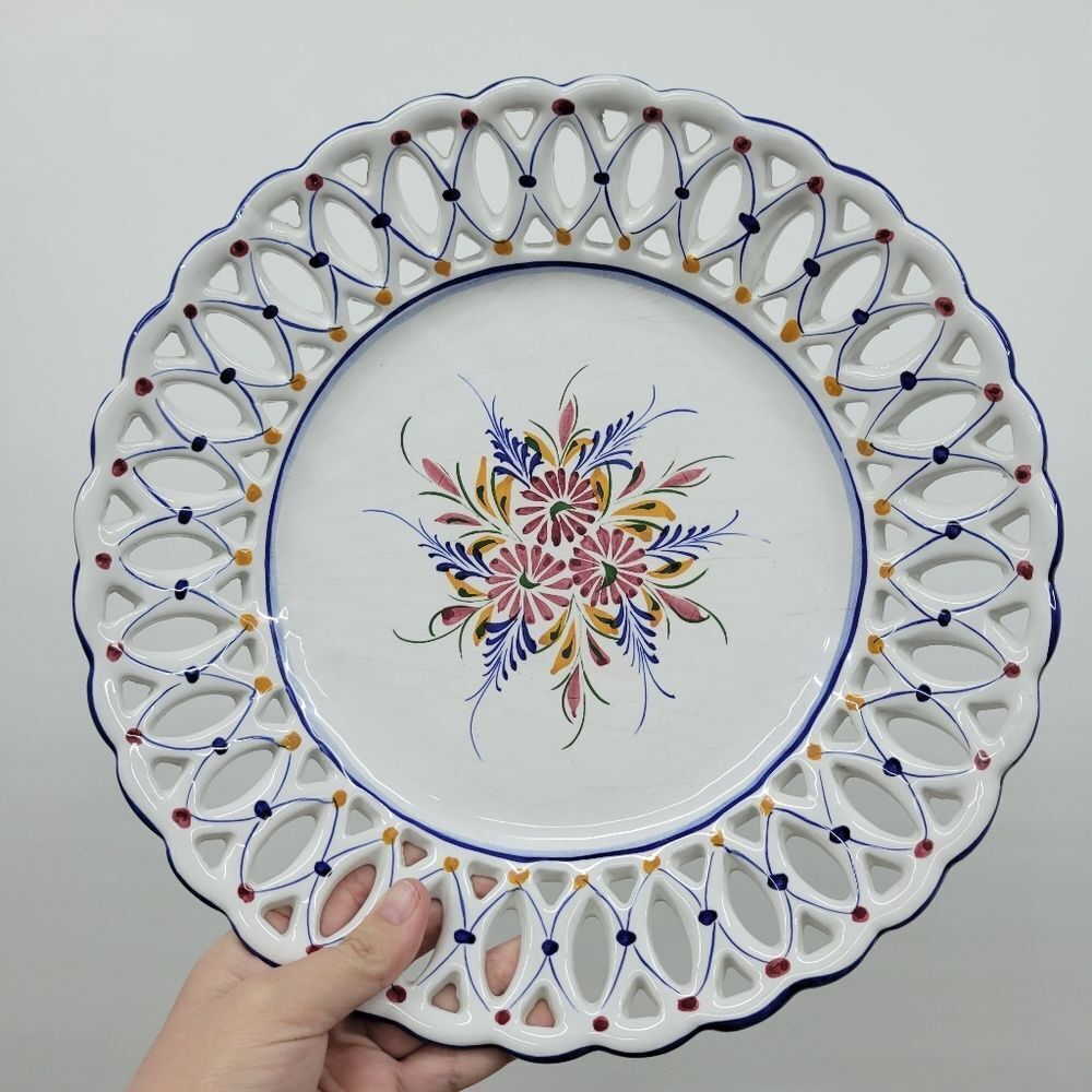 Hand-Painted Portuguese Pierced Vintage Plate – 12”